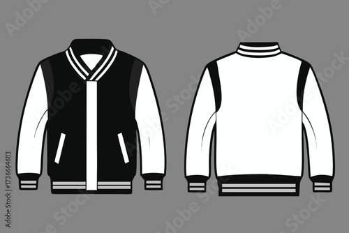 Black and white varsity jacket illustration isolated on white background, ideal for fashion design or monochrome themes