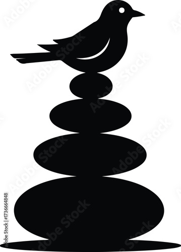 Illustrator Vector Bird perched on zen stones stack silhouette