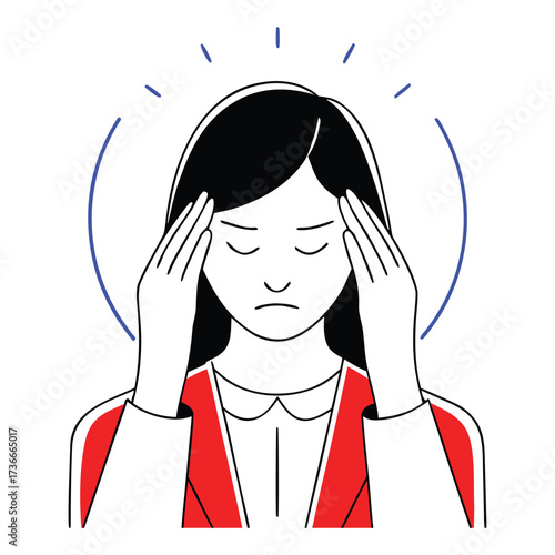Woman experiencing a headache or migraine holding her temples in distress