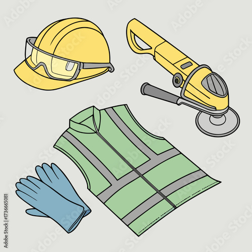Construction worker safety gear including hard hat safety glasses gloves vest and angle grinder on a gray background for safety awareness