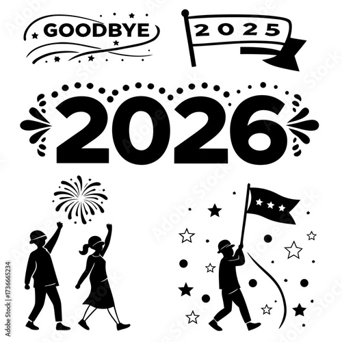 Celebrating the new year with fireworks and flags welcoming 2026 and bidding goodbye to the past with festive cheer and anticipation