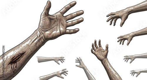 Creepy zombie hands reaching out with bloody wound for halloween horror concept