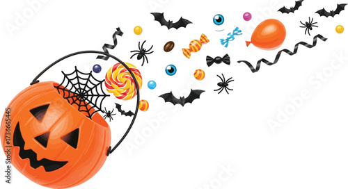 Spooky halloween treats spilling from a pumpkin bucket on a white background for trick or treat