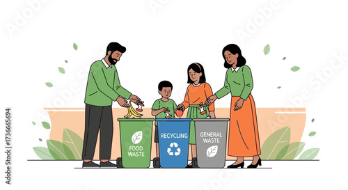 Family Sorting Waste Together, Demonstrating Eco-Friendly Practice and Conscious Living Habits
