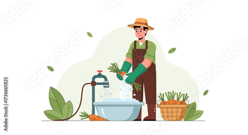 Farmer Cleans Fresh Vegetables Under Flowing Water Before Food Preparation Procedures