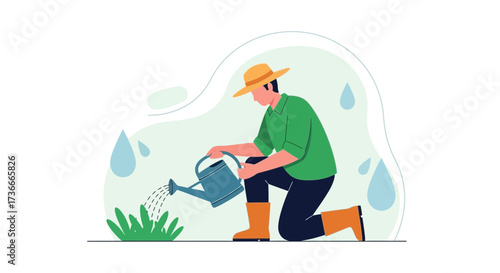 Gardener nurturing plants with a watering can, flat illustration of a sunny day, no comma