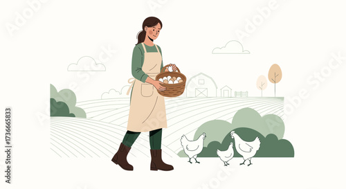 Farmer collecting eggs from chickens in the countryside near a farm illustration