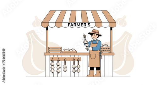 Farmer Displaying Fresh Garlic Bulbs At Farmers Market Stall Illustration