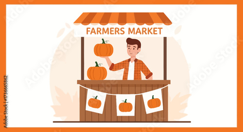 Farmer Displaying Fresh Pumpkins at a Farmers Market Stand During the Autumn Season