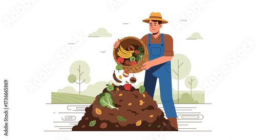 Farmer Composting Organics, Illustrating Sustainable Practices, Promoting Backyard Recycling Efforts