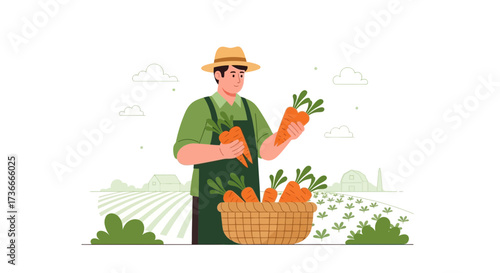 Farmer Harvesting Carrots In The Field: A Fresh And Vibrant Agricultural Illustration