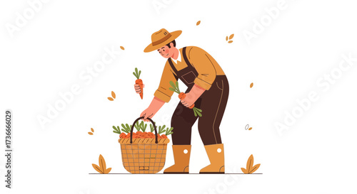 Farmer Harvesting Carrots in a Basket Illustrated in a Flat Vector Illustration