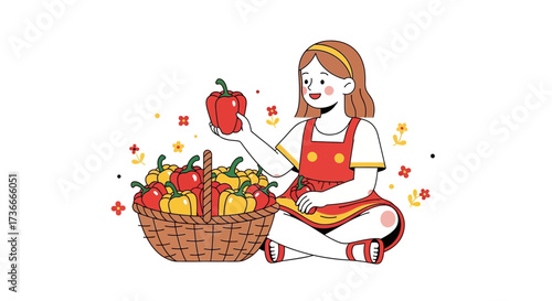 Gathering Harvest: A Girl's Delight in a Bounty of Fresh, Colorful Bell Peppers