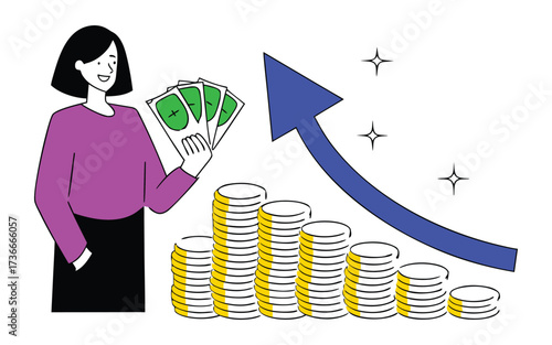 Woman holding money next to growing stack of coins and upward trending arrow
