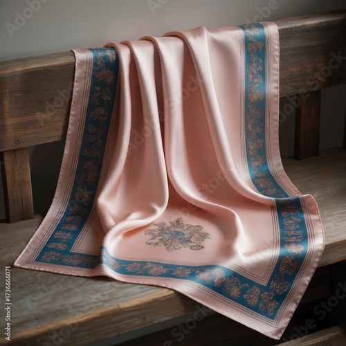 A high end fashion mockup of a luxurious silk twill scarf draped elegantly over the corner of a weathered, rustic wooden bench. 