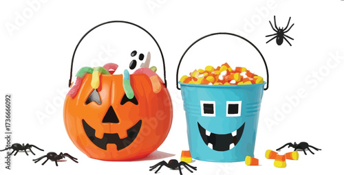 Halloween candy buckets filled with treats and spooky decorations on a white background