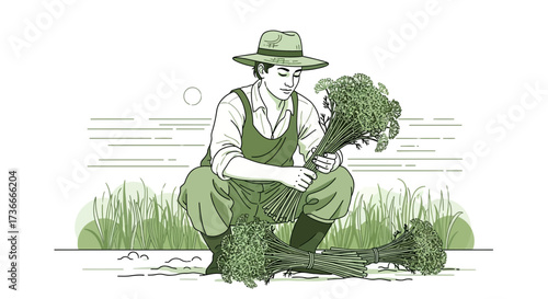 Farmer Harvesting Fresh Herbs: A Simple Illustration in Green Tones for Agriculture