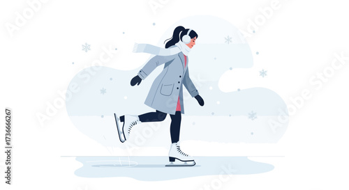 Girl enjoying ice skating on a frozen lake during winter in a winter scene