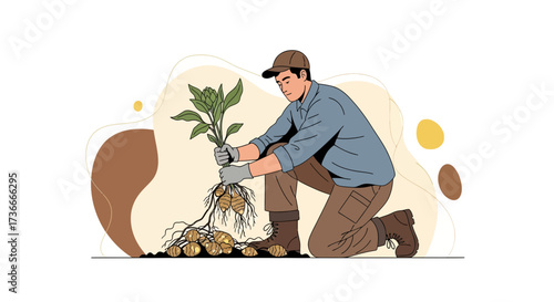 Farmer Harvesting Potatoes Illustration: A Depiction Of Manual Labor And Sustainable Agriculture