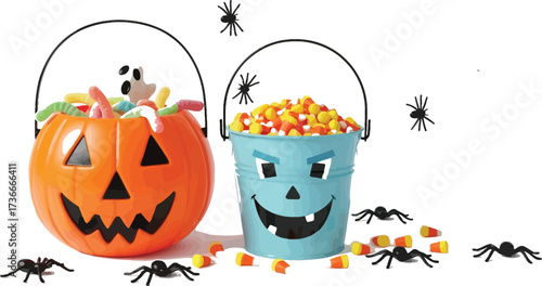 Get ready for halloween with buckets of candy corn and spooky decorations on white