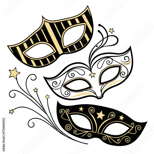 Elegant masquerade masks adorned with stars and swirls, perfect for festive celebrations and mysterious events, creating an atmosphere of intrigue and glamour.