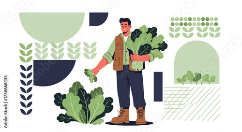 Farmer Holding Freshly Harvested Vegetables with Abstract Geometric Composition