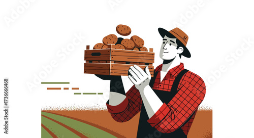 Farmer Holding Wooden Crate Full of Fresh Potatoes, Harvesting in the Field Sunlight