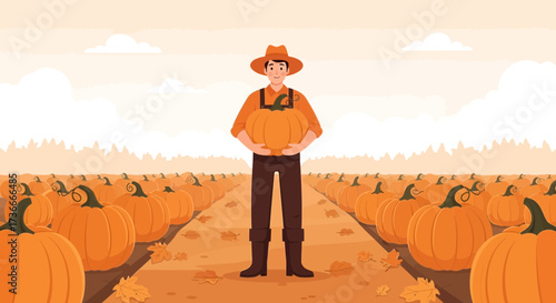 Farmer Holds A Giant Pumpkin In Field Showing The Abundance Of Harvest Season
