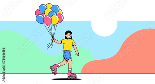 Girl rollerskating with balloons having fun in the park under the summer sun