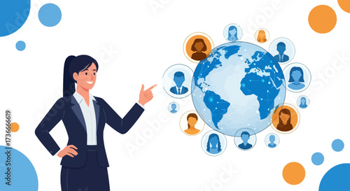 Global Networking Illustration: Businesswoman Pointing at Worldwide Connectivity and Collaboration