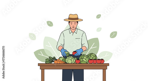 Farmer Preparing Fresh Harvest Vegetables At Wooden Table Displaying Nutritional Richness