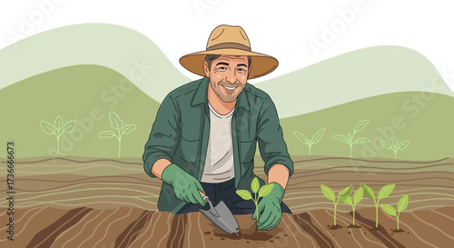 Farmer planting seeds in the garden to grow new plants with happy expression on face