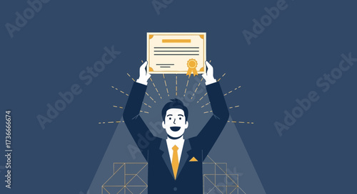 Graduate Celebrating Achievement With Holding Up Diploma Against Navy Blue Background