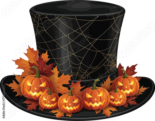 Spooky halloween top hat decorated with jack o lanterns and autumn leaves illustration