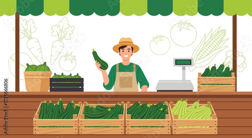 Farmer selling fresh zucchini at farmers market stall illustration with produce and vegetables