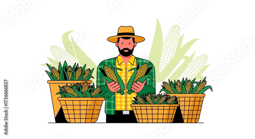 Farmer Showing Corn Harvesting, Harvest Season, Corn Crop, Organic Agriculture, Farming Concept