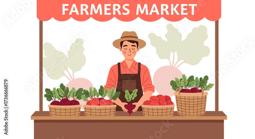 Farmer Stands at Market, Selling Fresh Produce From Rustic Baskets, Supporting Local Business