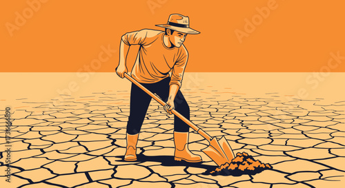 Farmer struggling to cultivate in cracked earth symbolizing drought and environmental challenges