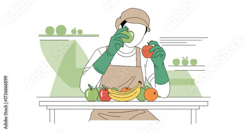 Farmer Tasting Fruits, Evaluating Apples, Bananas, Oranges and Pears for Freshness and Flavor