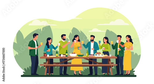 Group Cheering Outdoors At A Picnic Table Celebrating Gathering Together With Refreshments