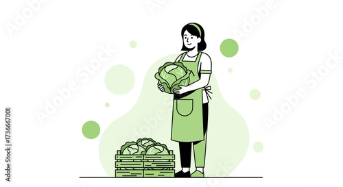 Farmer Woman Holding Cabbage Next To Harvest, Freshness And Greenery Illustration