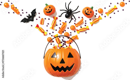 Spooky halloween candy spilling out of a pumpkin bucket on a bright white background