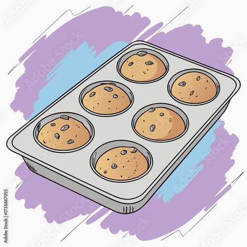 Freshly baked muffins with raisins cooling in a metal tray ready to be enjoyed, perfect for culinary blogs, recipe sites, or cozy kitchen themes.
