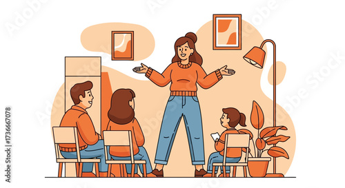 Group Discussion Illustration Showcasing Trainer Presenting To Diverse Audience In Interior