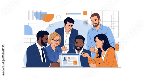 Group of business people working together on a laptop and discussing project issues