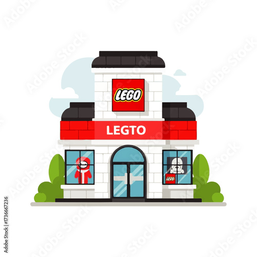 Charming vector illustration depicting a colorful children's play store, showcasing a fun building block shop facade with appealing window displays, ideal for creative imagination
