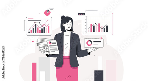 Female data analyst with charts and documents, business and financial analysis concept