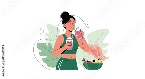 Female Drinking Smoothie Depicting Healthy Lifestyle And Fresh Fruit Illustration