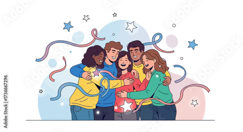Group Of Diverse Friends Celebrating Together With Joy and Confetti in Harmony