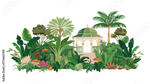 A picturesque gazebo nestled amidst lush tropical foliage and vibrant exotic plants in a serene garden scene